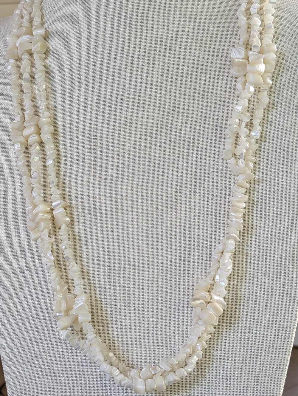 Vintage Mother-of-Pearl 3-Strand Chip Necklace 30" Iridescent Shell